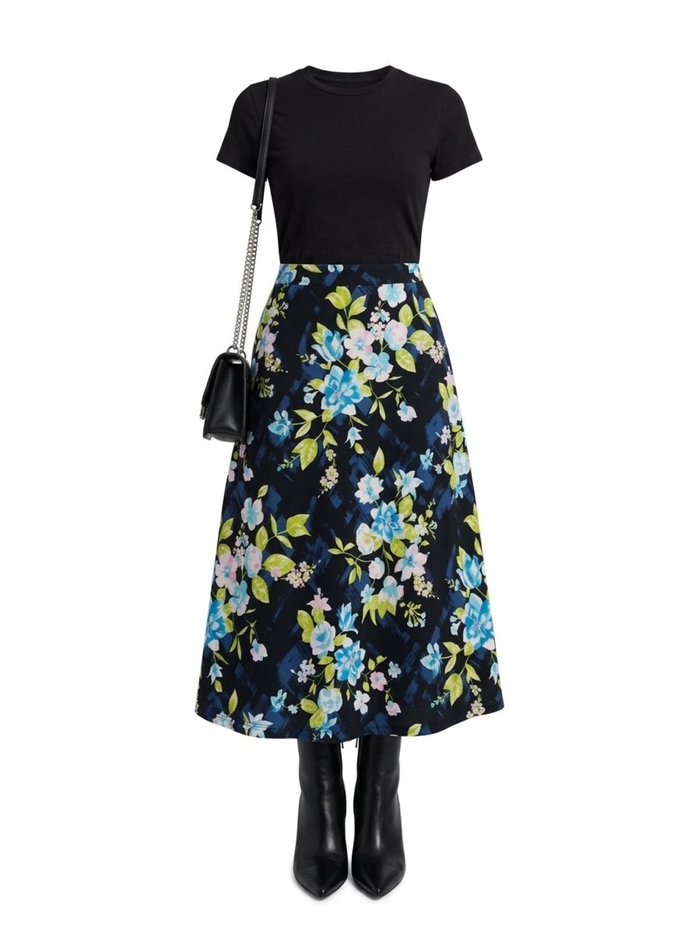 Kasper Black A-Line Skirt with Blue Floral Print